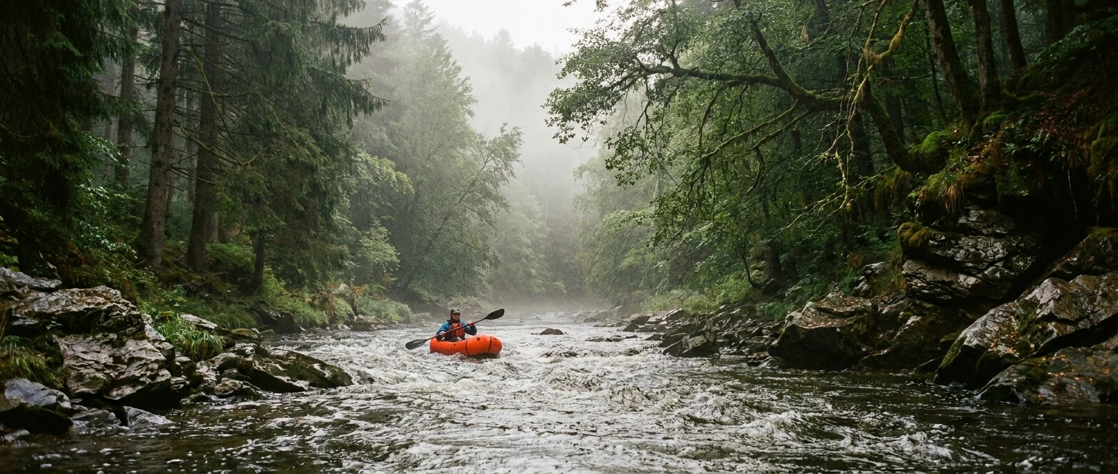 Packrafter peddelt in een oranje packraft door een bosrijke Ardense vallei