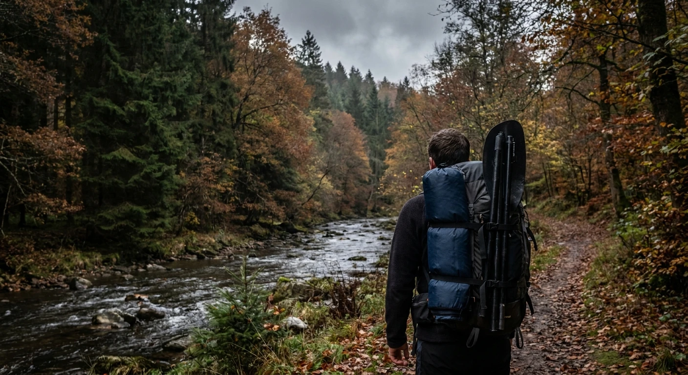 Packrafter met opgerolde boot en peddel op de rugzak wandelt langs een rivier