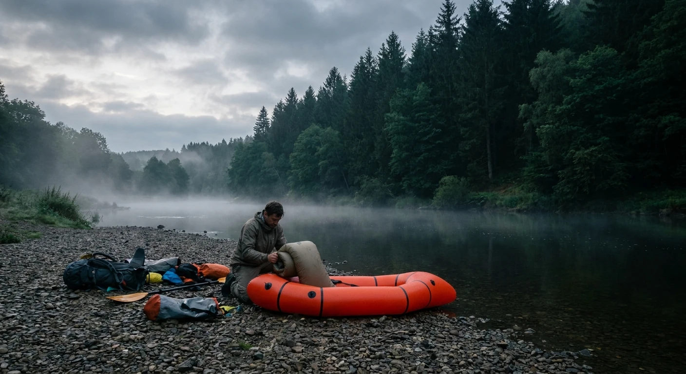 Packraft wordt opgeblazen op een grindbank aan een Ardense rivier bij dageraad