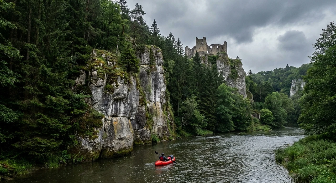 Kalkrotsen boven de Lesse met een packraft op het water