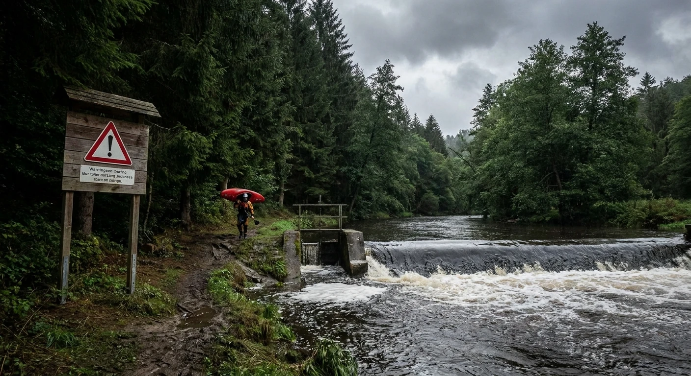 Stuw op een Belgische rivier met recirculerend water en waarschuwingsbord