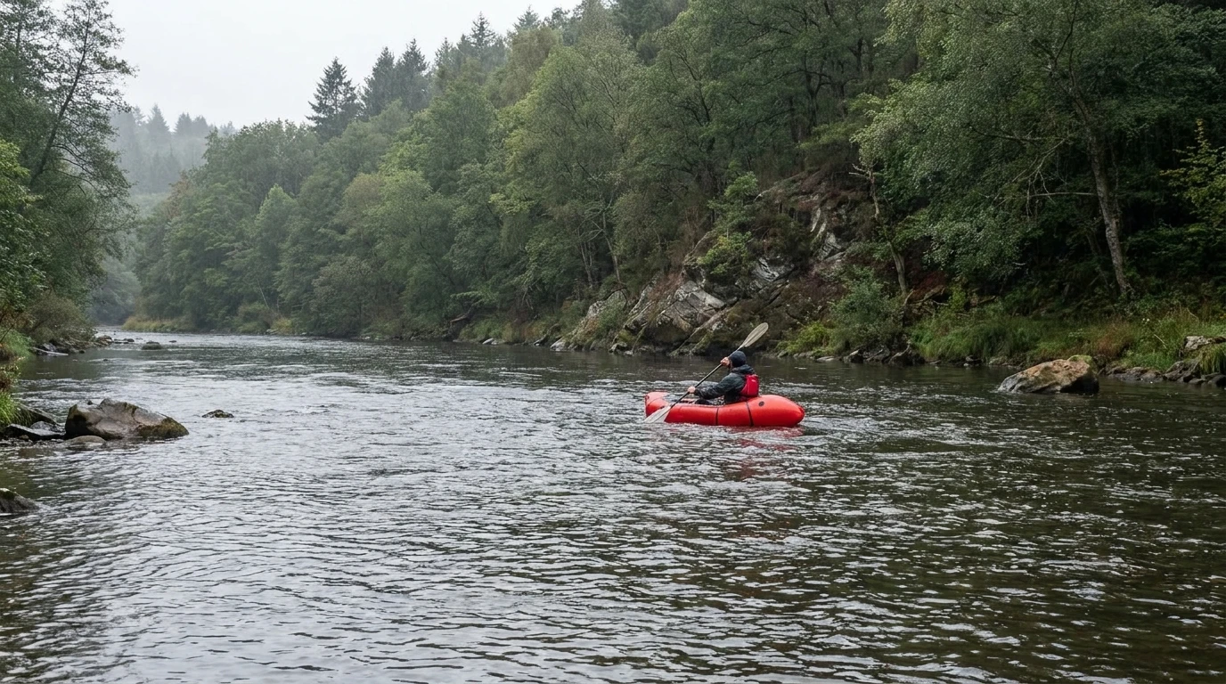 Packrafter steekt een rivier schuin tegen de stroming in over met de ferrytechniek