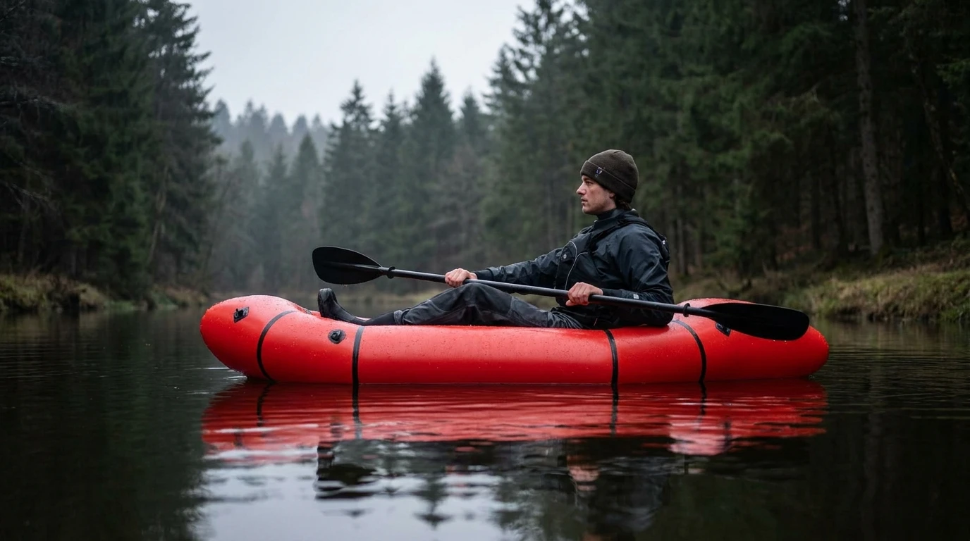 Packrafter toont de correcte rechte zithouding en peddelgrip in een rode packraft