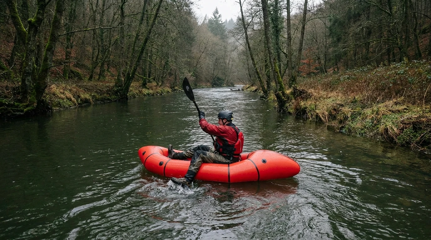 Packrafter voert een voorwaartse peddelslag uit met romprotatie op een rustige rivier