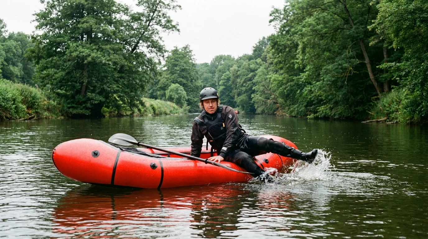 Zwemmer klimt vanuit het water terug in een rode packraft op vlak water