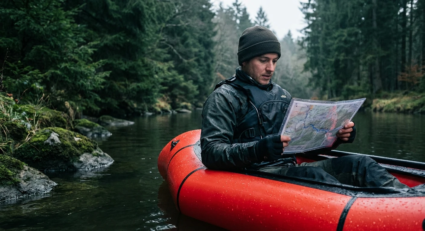 Packrafter bestudeert een rivierkaart vanuit een rode packraft